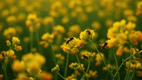 a busy day in nature: bees pollinate vibrant yellow flowers in a lush meadow, showcasing the beauty of biodiversity and the importance of pollinators in our ecosystem