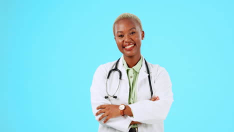 Happy-black-woman,-face-or-doctor-with-arms