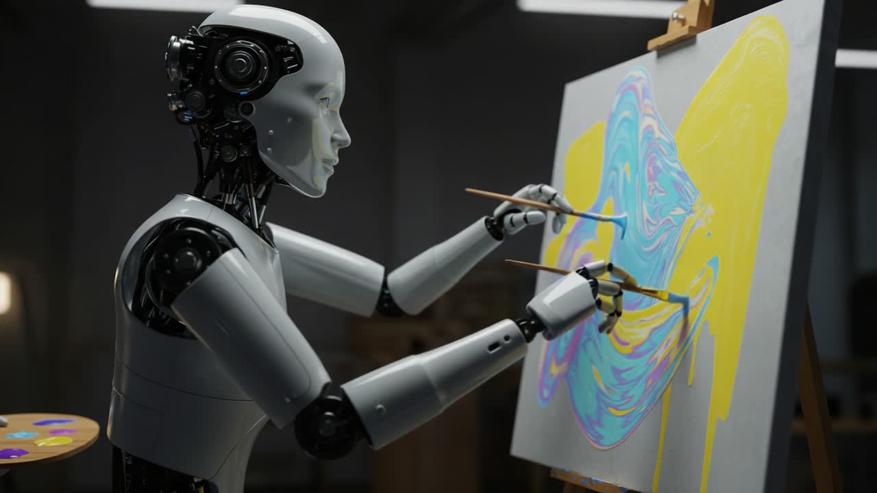 A Futuristic Robot Artist Skillfully Creating a Colorful Abstract Painting on a Canvas, Showcasing the Intersection of Technology and Creativity