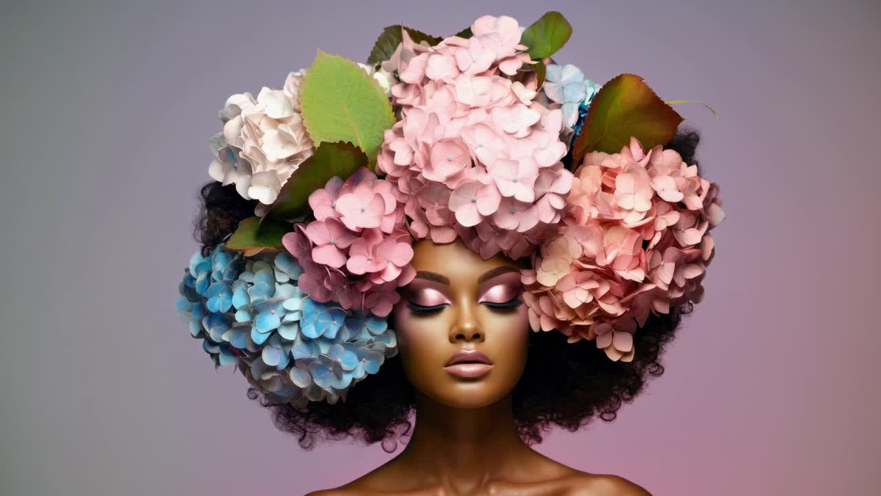 Um conceito de vídeo artístico e vibrante apresentando uma mulher com um cocar floral