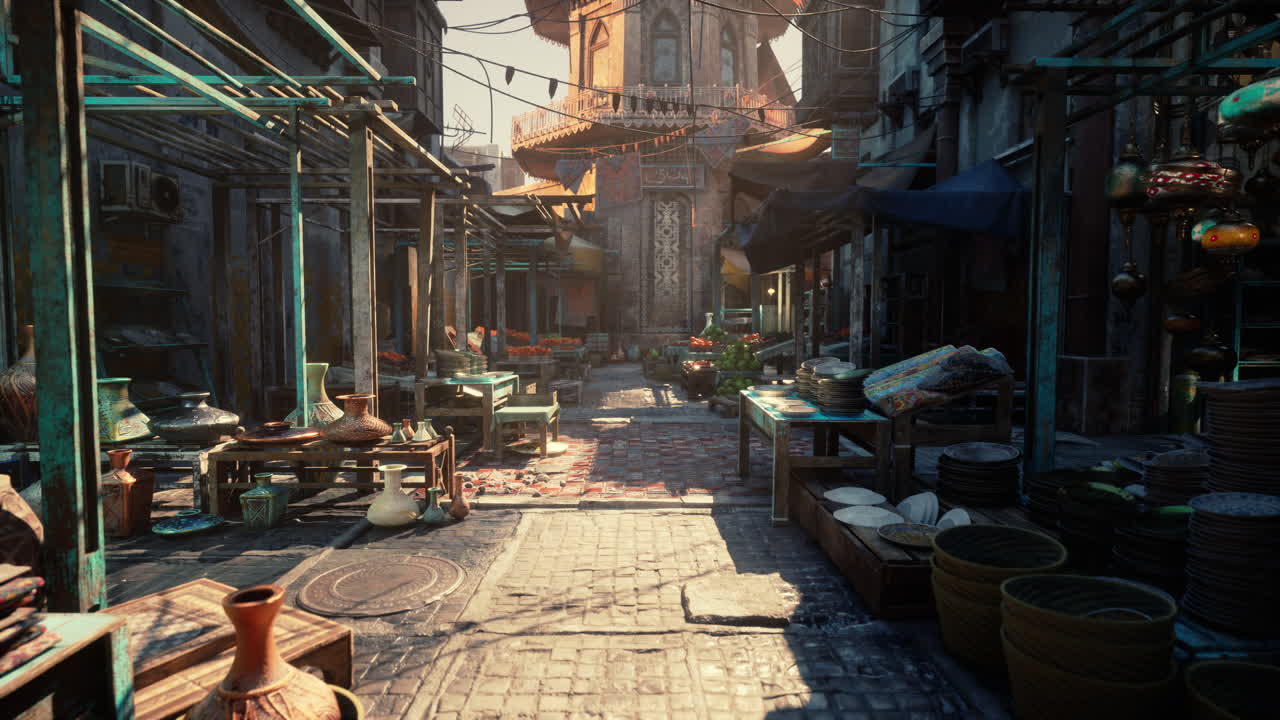 Morning market with warm lighting sunshine bathes old village marketplace