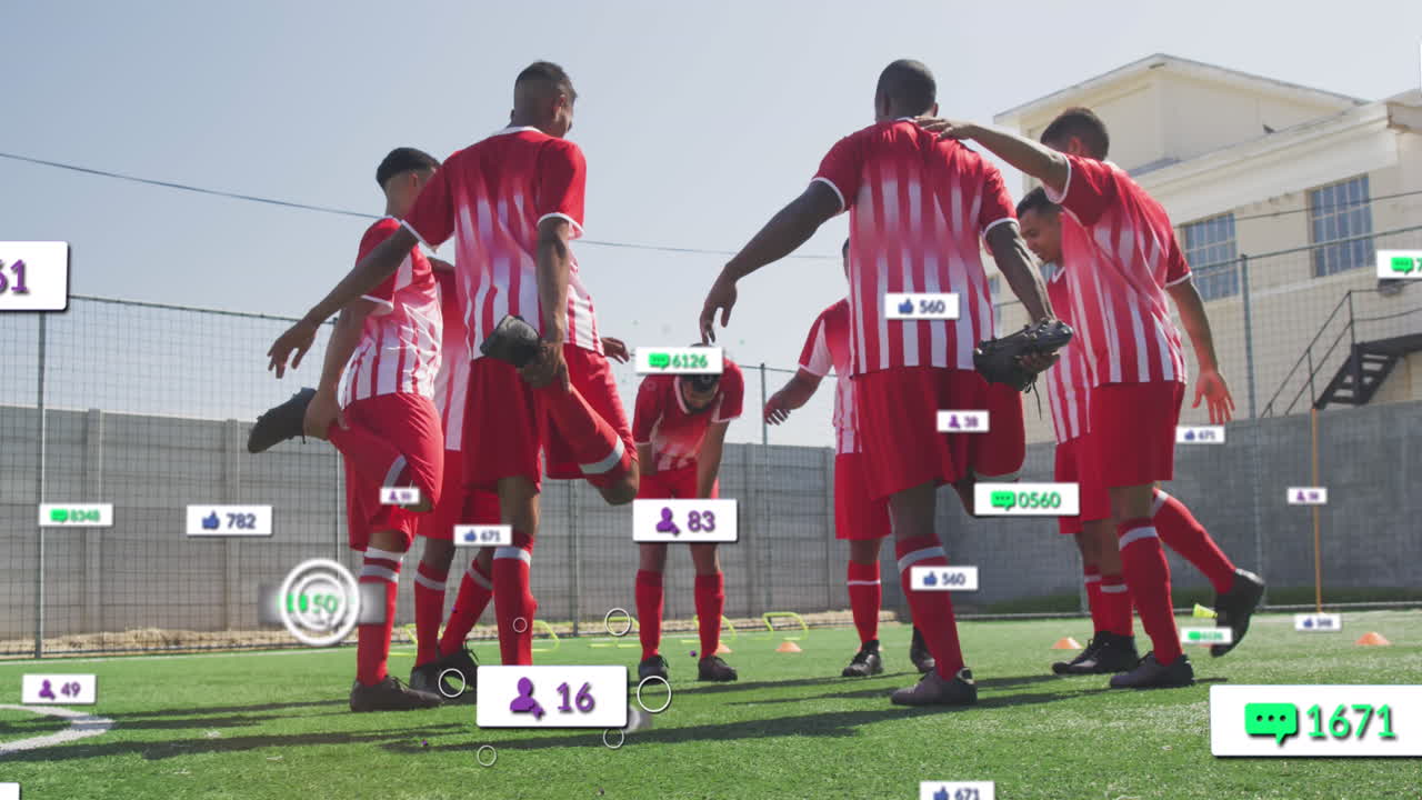 스포츠 경기장에서  ⁇ 어있는 다양한 남성 축구 선수들의 팀에 대한 소셜 미디어 아이콘의 애니메이션