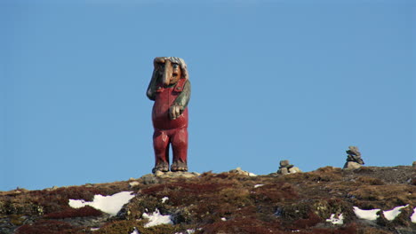 wide shot of at wooden troll statue on dyranut point