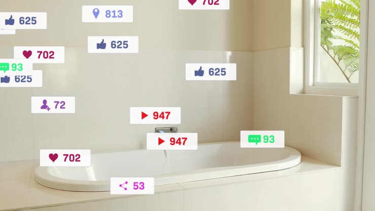 Animasi notifikasi media sosial di atas kamar mandi modern dengan bak mandi putih