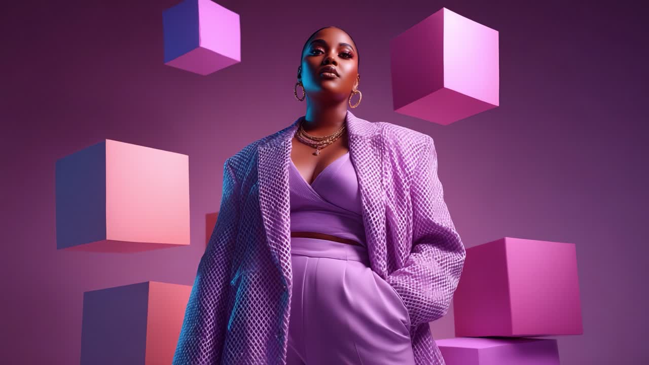 A confident model stands strong in a stylish outfit under vibrant lighting, surrounded by colorful geometric shapes, showcasing modern fashion and bold aesthetics