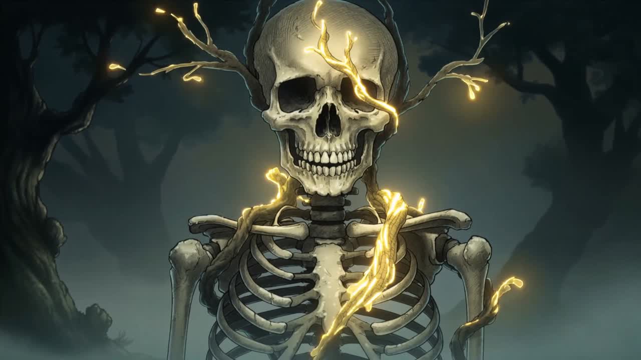 Glowing skeleton standing in foggy shadowed forest, golden vines creeping across skull and ribcage