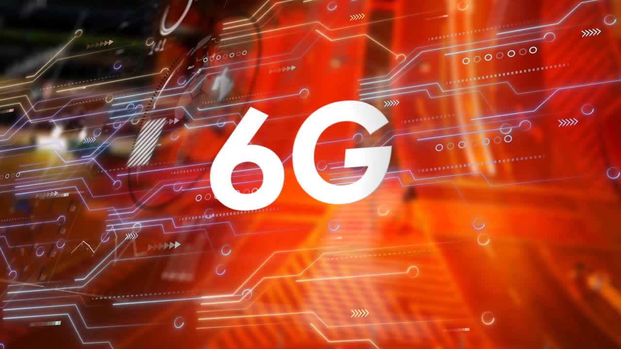 animación de texto 6g, conexiones y procesamiento de datos por computadora