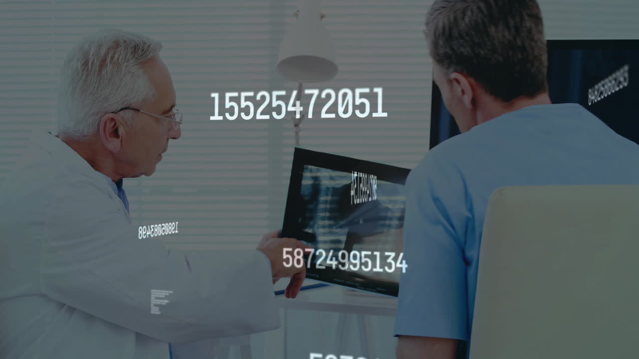 Medical professionals examining tablet X-ray in clinic, floating data overlays guiding diagnosis