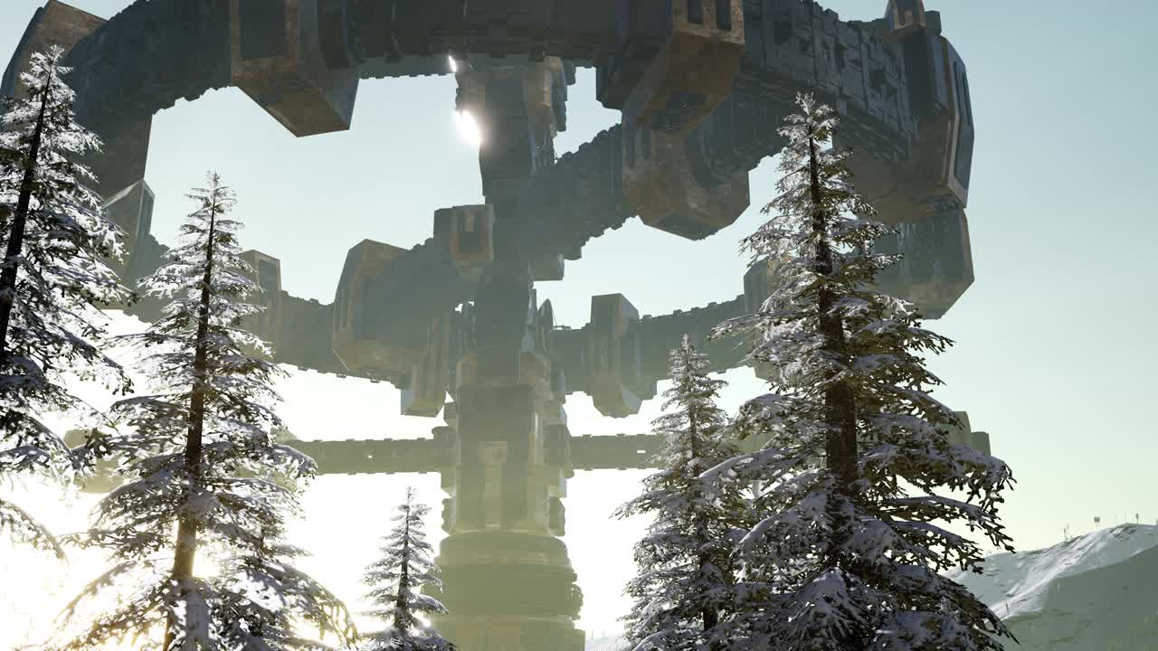 해가 지면서 숲 위를 떠다니는 ufo와 함께 빛의  ⁇