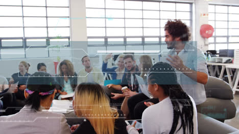 animation of data over diverse male and female business colleagues having meeting