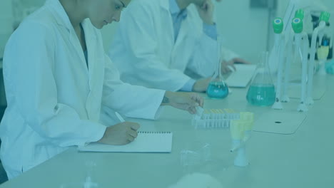 animación de moléculas sobre diversos científicos en el laboratorio