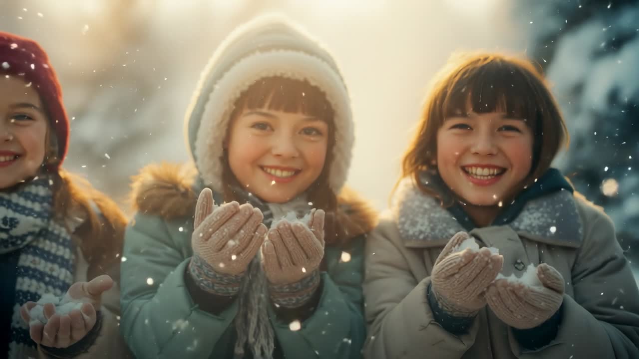 Snowflakes drifting, girls wearing gloves catching flakes as third girl entering snowy forest