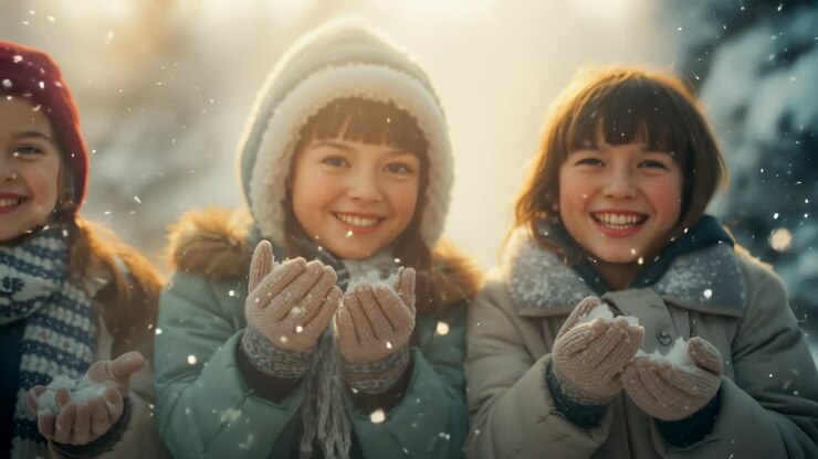 Snowflakes drifting, girls wearing gloves catching flakes as third girl entering snowy forest