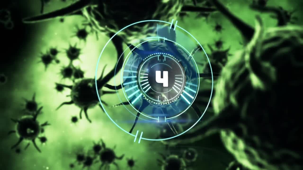 animación de un escáner circular que gira sobre las células de covid 19, en verde