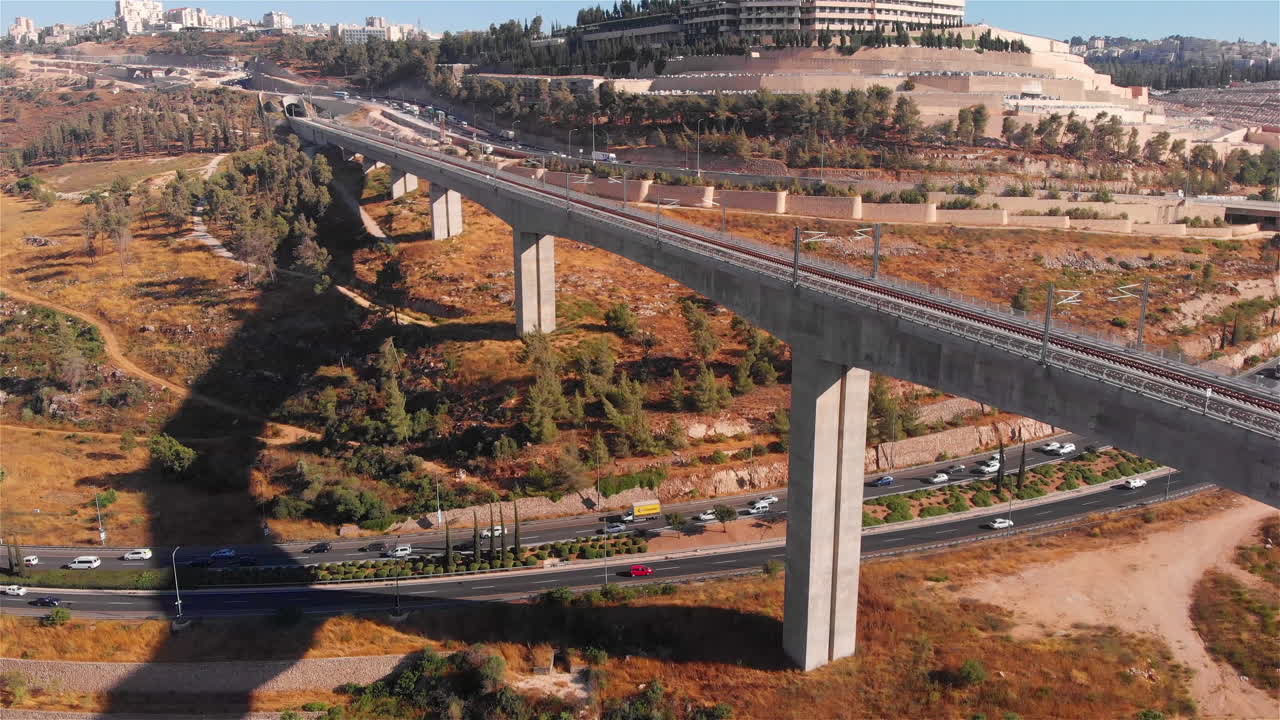 Large Railway bridge with cars traffic Aerial view