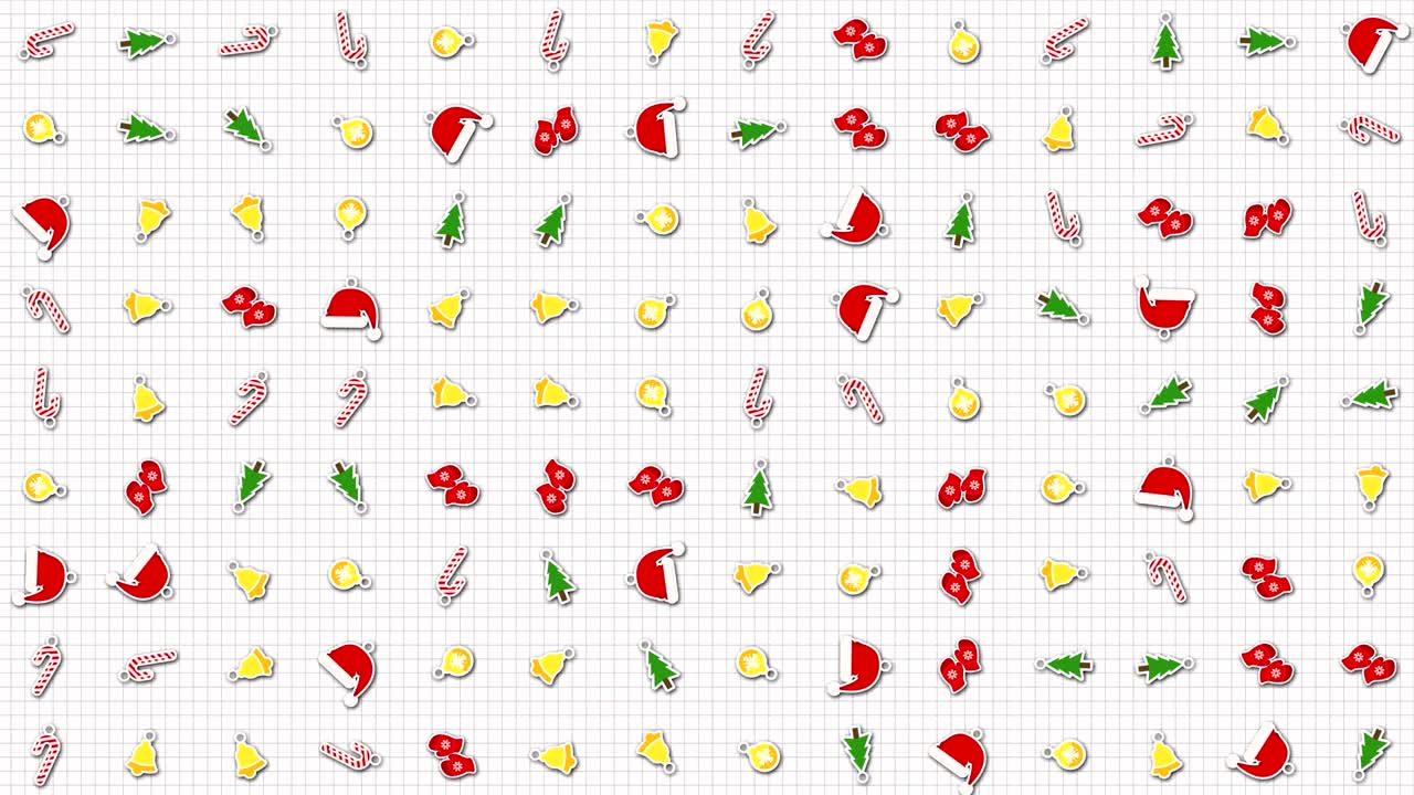 navidad, iconos de año nuevo bucle de animación. fondo de patrón sin costuras. pequeño, multicolor, navidad, iconas de año nuevo giran lentamente en la cuadrícula. telón de fondo blanco