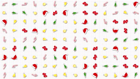 christmas, new year icons animation loop. seamless pattern background. small, multicolored, christmas, new year icons rotate slowly on grid. white backdrop