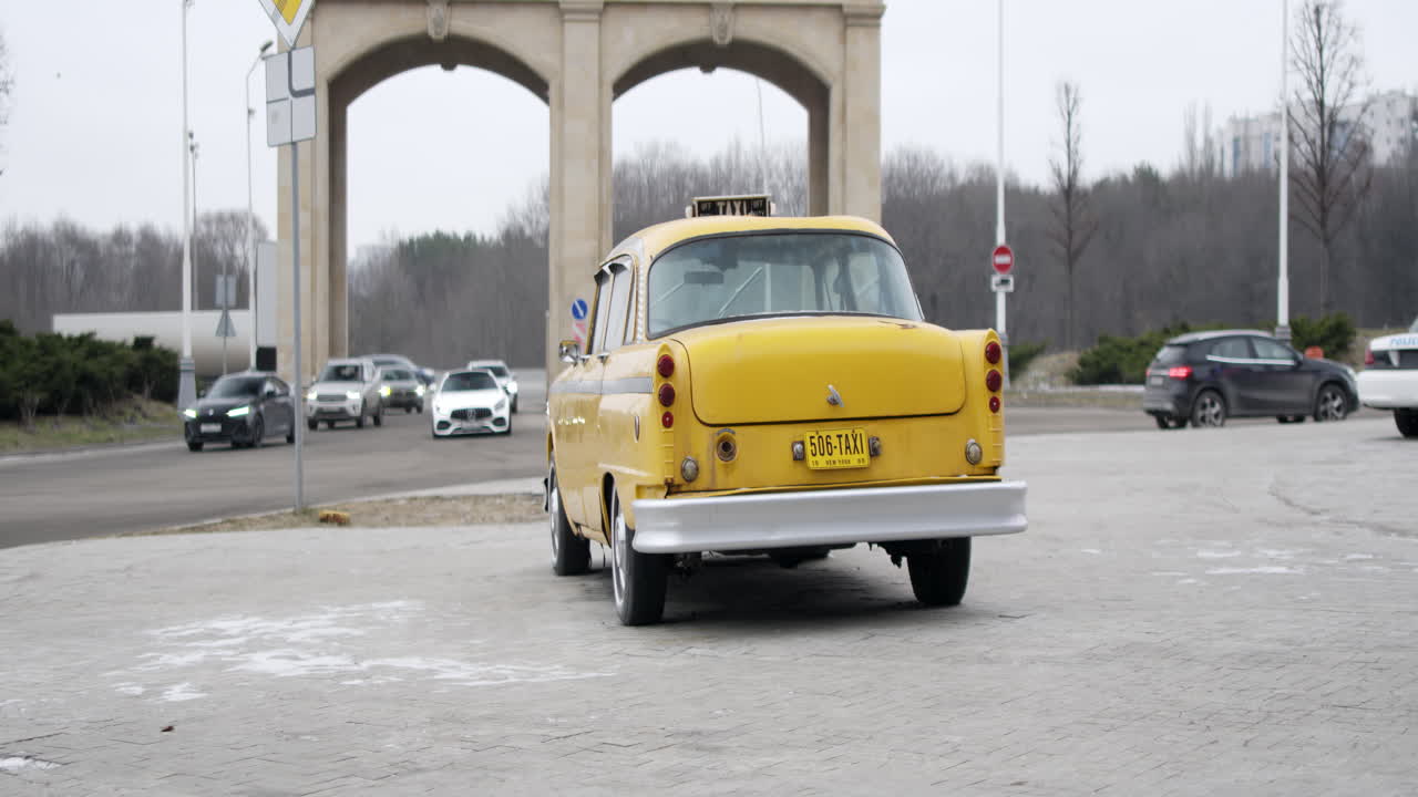 Vintage Yellow Taxi in a City Center