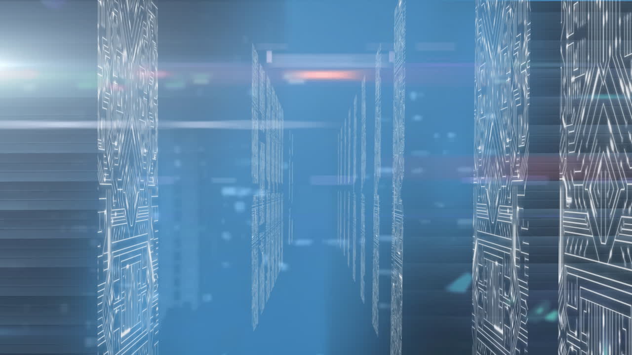 파란색 배경의 컴퓨터 서버에 빛의 흔적을 가진 데이터 처리의 애니메이션