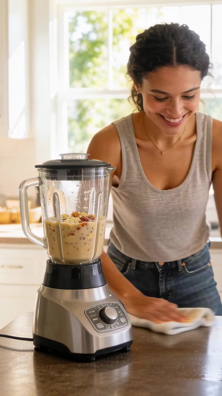 Video verticale: Donna in canottiera e jeans che pulisce il bancone della cucina dopo aver mescolato con un frullatore.