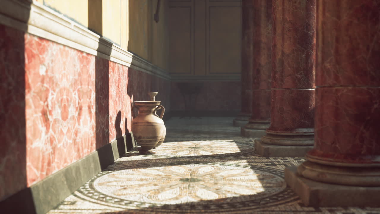 Ancient interior design featuring ornate columns and a decorative floor