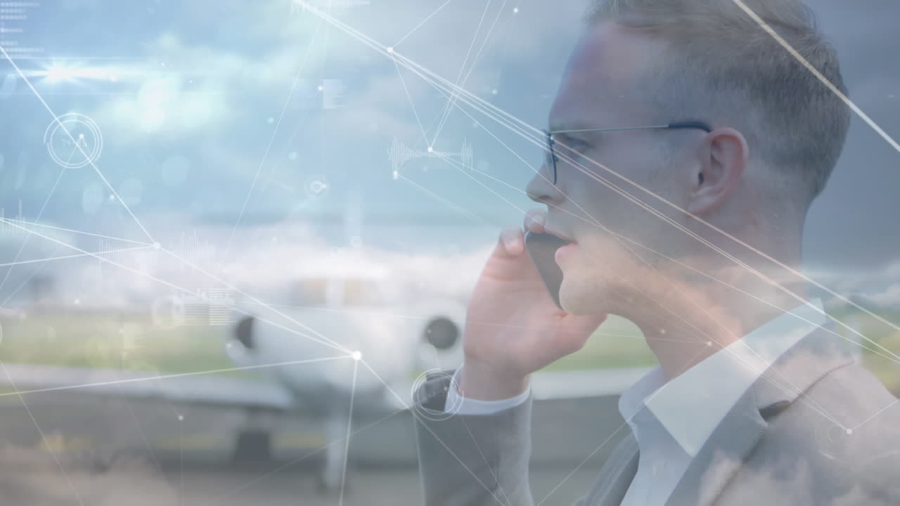 스마트 폰으로 이야기하는 백인 사업가에 대한 연결 네트워크의 애니메이션