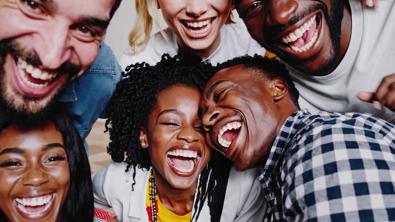 A joyful group of friends laughing, captured in a close-up, high-angle ...