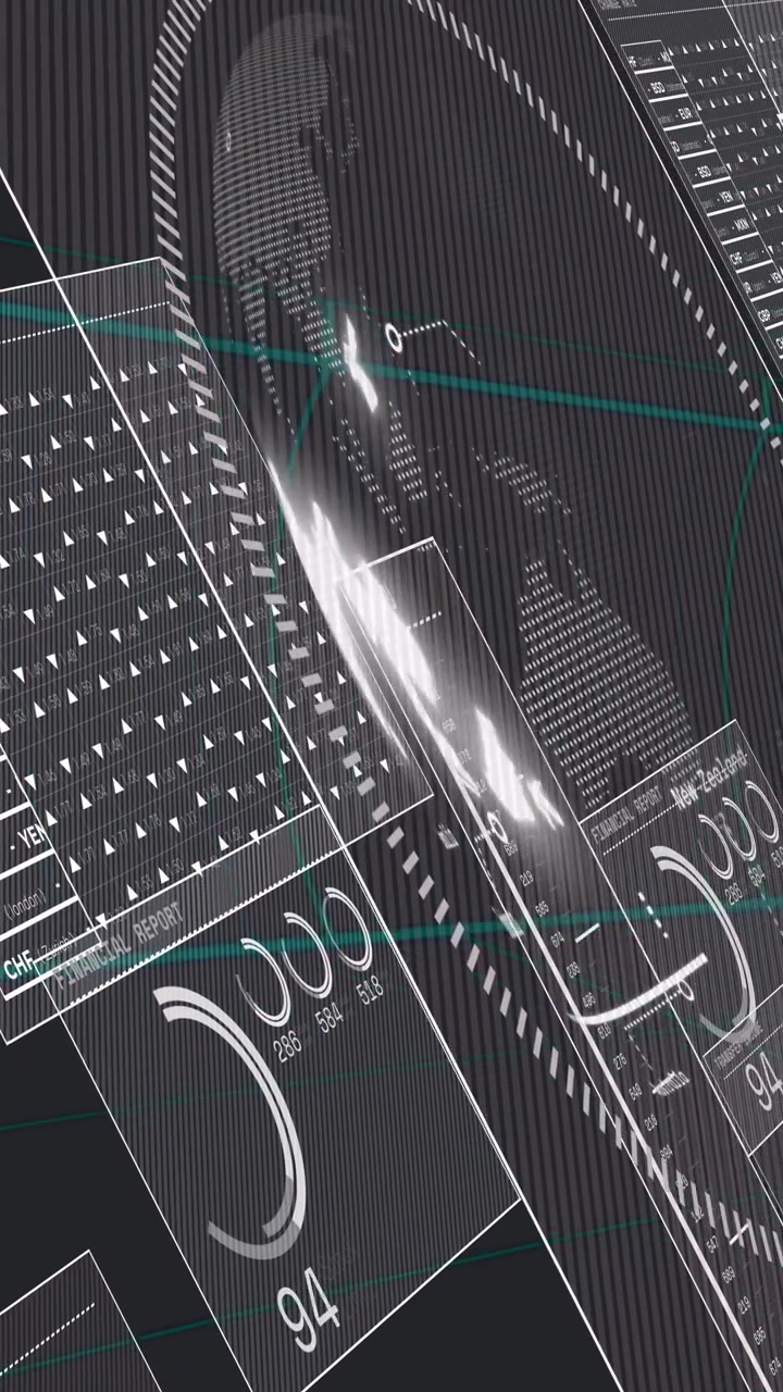 Vertical video: Cam sweeping 3D globe rotating HUD panels sliding gauges filling showing finance