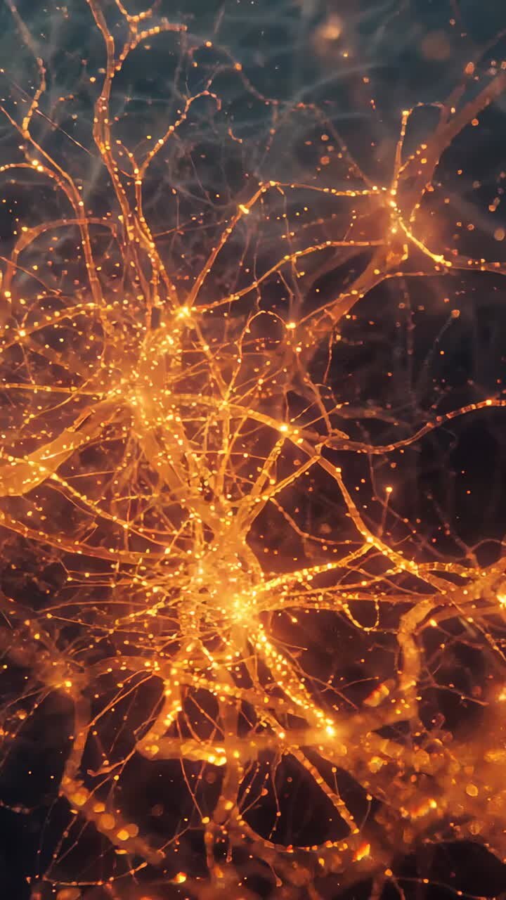 Video verticale: hub arancione pulsante che invia sfere che si muovono lungo la rete su sfondo bluastro scuro, con bagliori