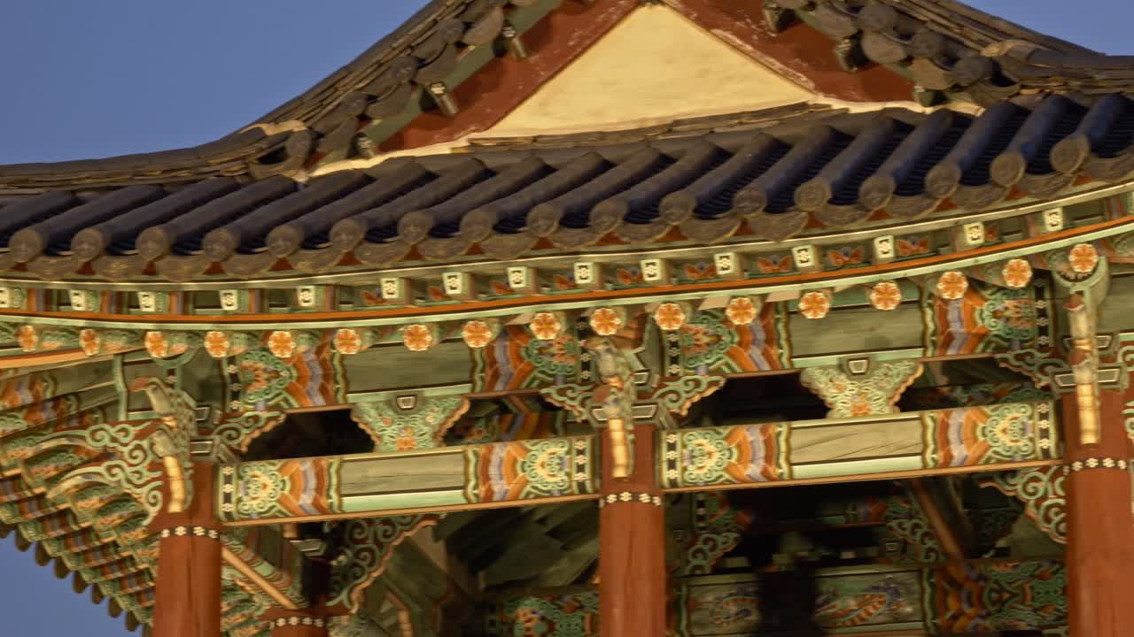 Intricate Roof Details Of Traditional Korean Pavilion In Gongju, Chungcheongnam-do Province, South Korea. closeup sliding shot
