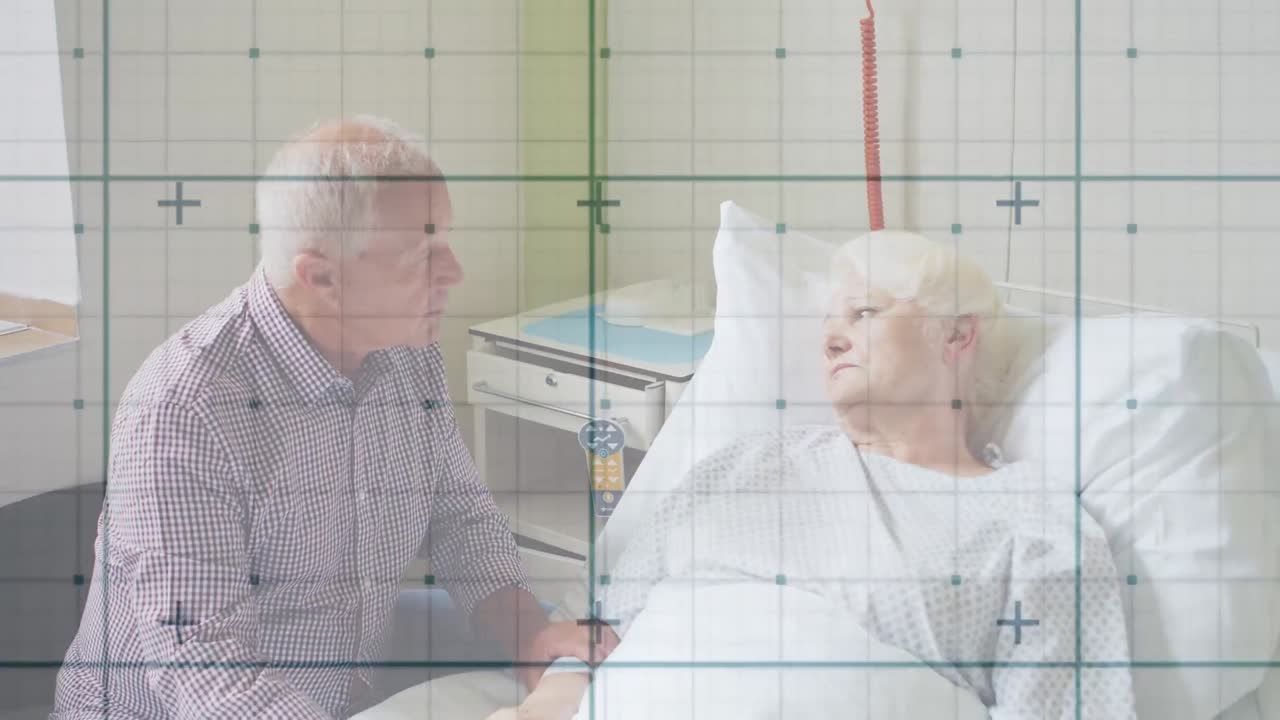 백인 노인 부부가 병원 침대에 앉아 이야기를 나누는 녹색 네트워크 애니메이션