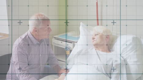 Animation-of-green-net-over-caucasian-senior-couple-talking-on-hospital-bed