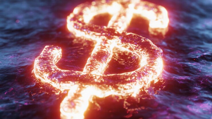 Una splendida rappresentazione visiva di un segno del dollaro luminoso in mezzo all'acqua, con illuminazione radiosa ed effetti luminosi che catturano l'essenza della valuta e del valore
