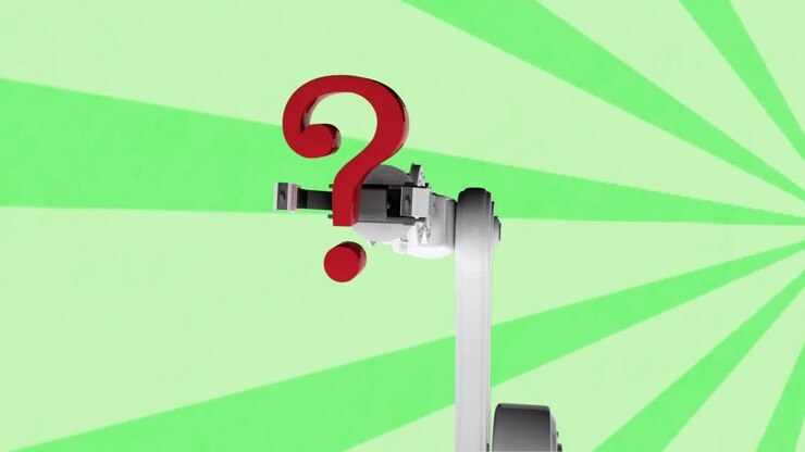 Animation of robots arm with question mark over rotating green stripes moving in seamless loop