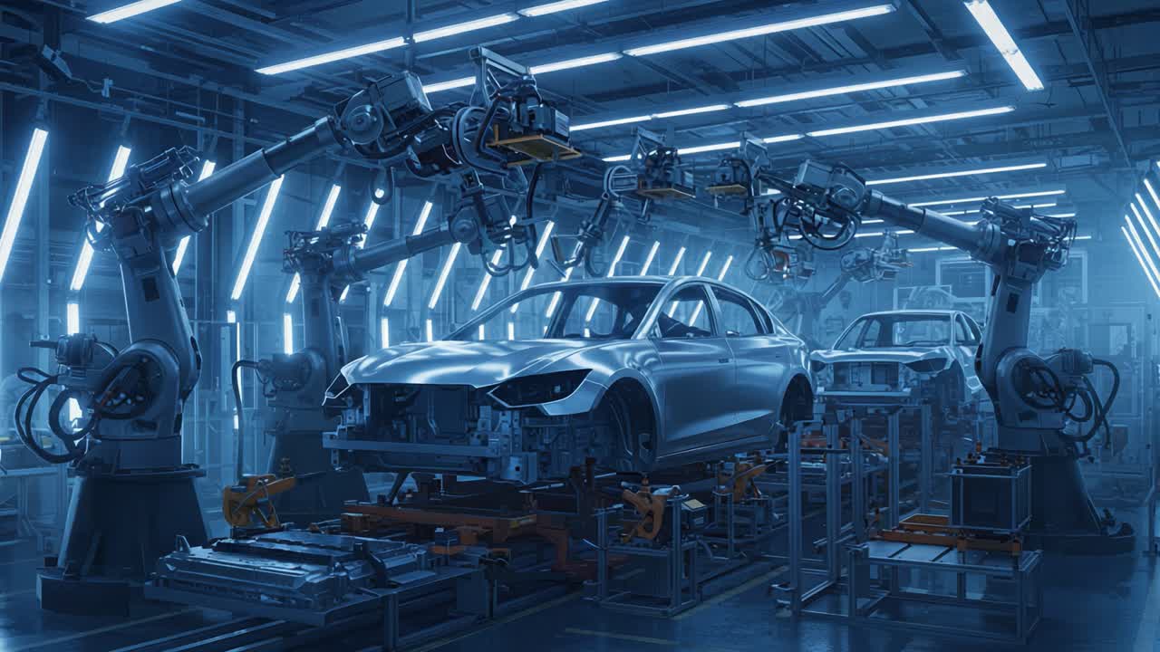 Advanced Robotic Automation in an Automotive Manufacturing Environment Highlighting the Assembly Process with Precision Engineering and Futuristic Technology