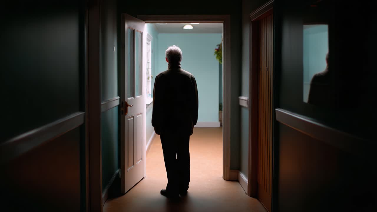 An Elderly Man Walking Away Through a Doorway in a Dimly Lit Hallway, Symbolizing Reflection, Isolation, or Transition in Life's Journey
