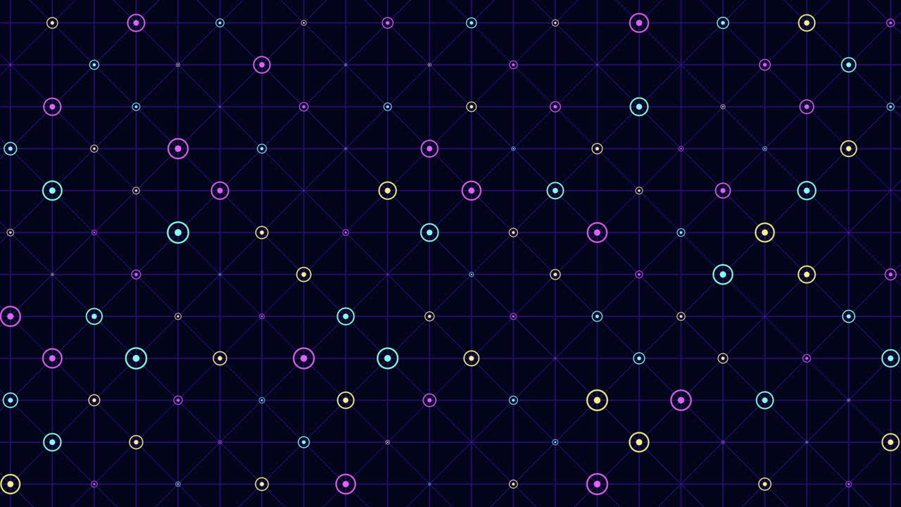 Abstract futuristic network with glowing neon nodes on a geometric grid. Ideal for technology, data, blockchain, connectivity, and digital interface backgrounds