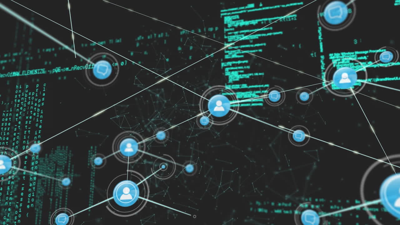 Animation of network of connections with icons over data processing on black background