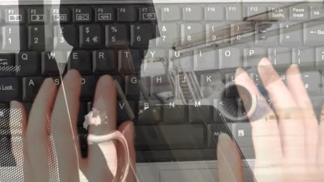 Businessman-with-suitcase-at-airport-against-person-typing-on-keyboard