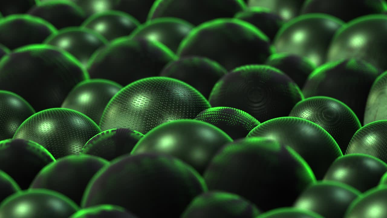 회전하는 반이는 녹색 금속 공 구. 완벽한 루프. 추상적인 배경.