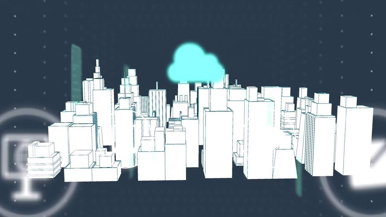 Animation of cloud, connections and data processing over city