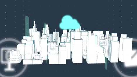 animación de la nube, conexiones y procesamiento de datos sobre la ciudad.