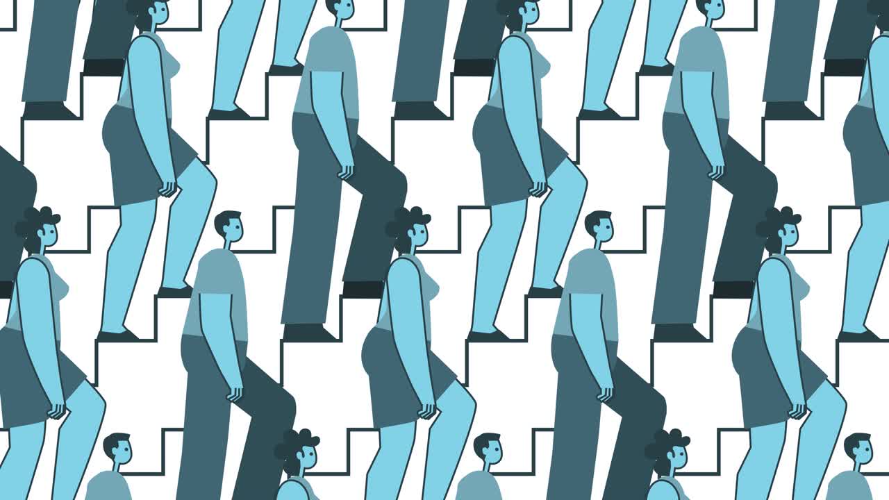 People climb up steps of stairs. Cartoon Pattern Looped Animated Background