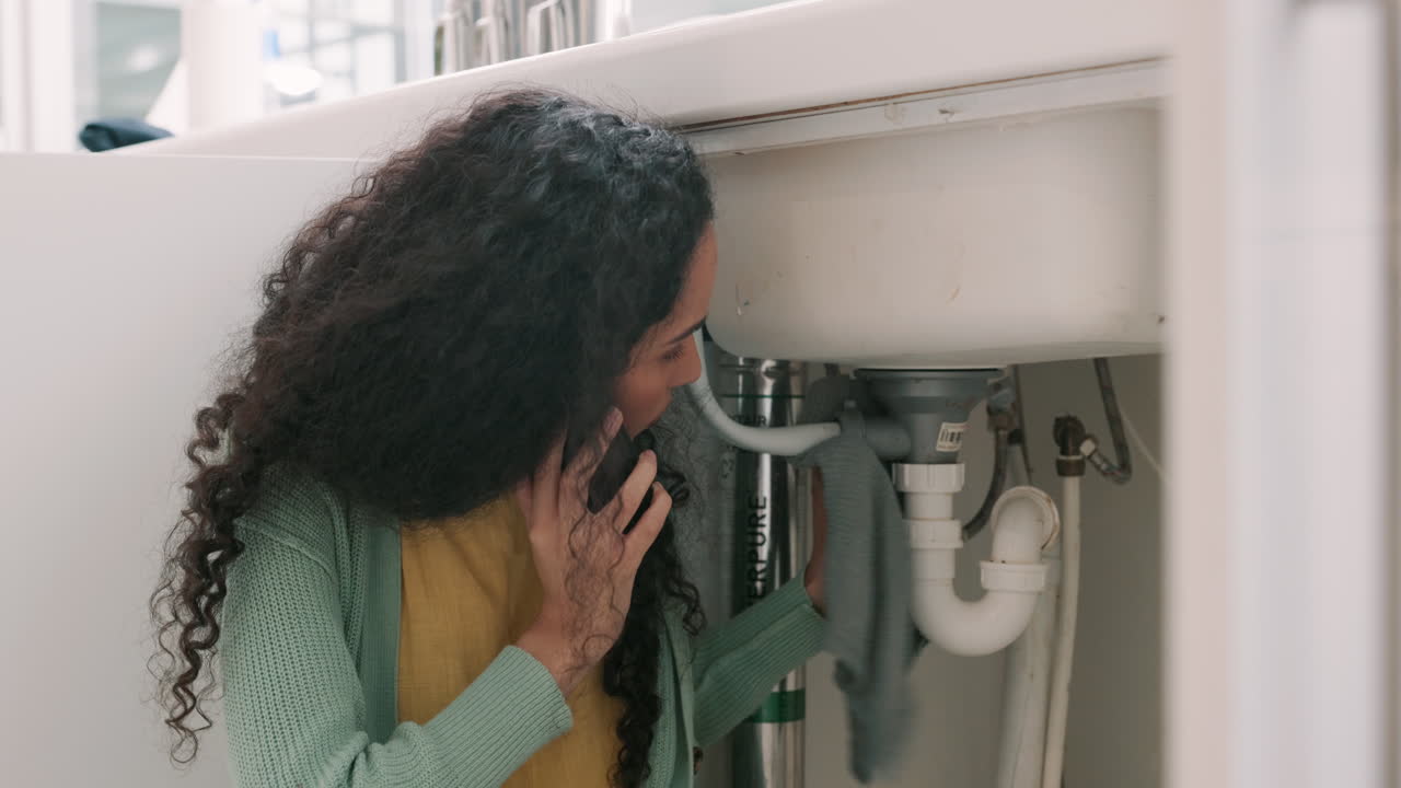 fuga de fregadero, fontanería y mujer en una llamada telefónica