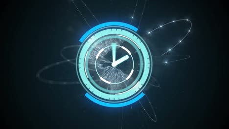 animación de escaneo de alcance con reloj sobre red de conexiones sobre fondo negro