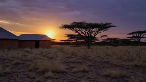 vibrant sunset casting golden purple hues over traditional mud brick dwellings, silhouetting acacia trees against arid savanna landscape with cracked earth