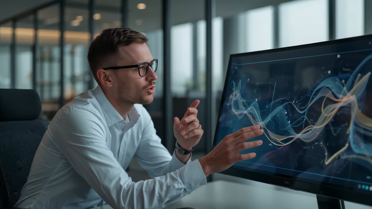 Gesturing man in white shirt responding to screen data update at office desk, explaining trends