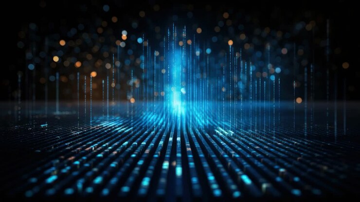 Futuristic digital landscape with glowing blue lines and bokeh lights