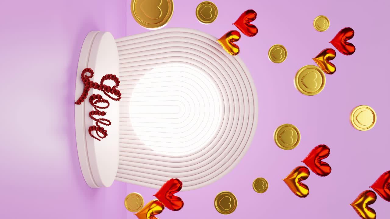display verticale del prodotto sfondo cuore in moneta d'oro e palloncini e lettere d'amore per la celebrazione di san valentino relazione di coppia romantica rendering animazione e-commerce negozio online