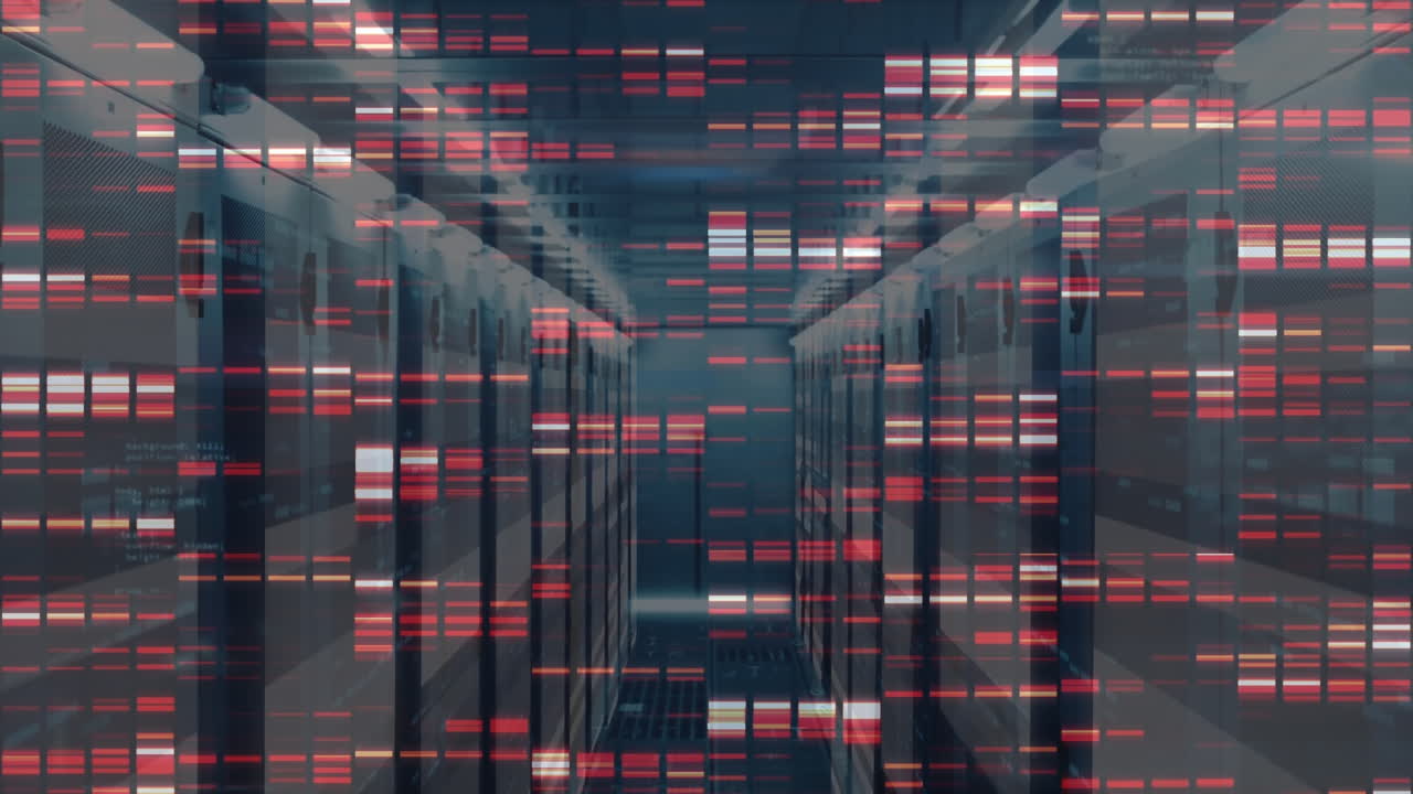 animación de cuadrados de mosaico y senderos de luz contra la sala de servidores de computadora